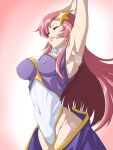  absurdres breasts closed_eyes covered_navel covered_nipples gradient_background groin gundam gundam_seed gundam_seed_destiny hair_ornament highleg highleg_leotard highres leotard lips long_hair medium_breasts meer_campbell multicolored_leotard pink_background pink_hair purple_skirt skirt star_(symbol) star_hair_ornament stretching yshin 