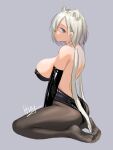  1girl animal_ears arknights ass aurora_(arknights) backless_leotard bare_shoulders bear_ears black_gloves black_leotard black_pantyhose blue_eyes breasts closed_mouth elbow_gloves from_side full_body gloves grey_background grey_hair hiey highres large_breasts leotard long_hair looking_at_viewer looking_to_the_side no_shoes pantyhose playboy_bunny seiza sideboob signature simple_background sitting solo very_long_hair 
