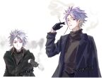  1boy absurdres aizawahinoki black_coat black_gloves black_pants black_sweater chinese_commentary cigarette closed_mouth coat commentary_request earrings gloves highres holding holding_cigarette jewelry long_sleeves male_focus multiple_views open_clothes open_coat pants purple_hair red_eyes saibou_shinkyoku short_hair smile smoke sweater theodore_riddle turtleneck turtleneck_sweater 