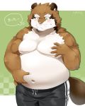  2019 anthro belly brown_fur canid canine clothing fur green_eyes hi_res humanoid_hands japanese_text male mammal moobs navel nikiciy nipples overweight overweight_male pants raccoon_dog ryokuichi_(nikiciy) simple_background solo tanuki text 