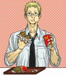  1boy adam&#039;s_apple black_necktie blonde_hair burger claptrack cup disposable_cup dorohedoro drinking_straw eating food food_on_face french_fries glasses grey_eyes holding holding_food looking_at_viewer male_focus necktie polka_dot polka_dot_background shin_(dorohedoro) shirt short_hair simple_background solo stitches tray upper_body white_shirt 