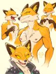 anthro blonde_hair blush canid canine clothing epic_games fennix_(fortnite) fortnite fox green_clothing grin hair hi_res laugh male mammal moire_dragon nipples nude sketch sketch_page slim smile solo spikes suit