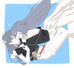  2girls alternate_costume belt black_choker black_shirt blue_eyes blue_hair blush chinese_clothes choker closed_eyes clothing_cutout dragon_print fu_hua fu_hua_(herrscher_of_sentience) fu_hua_(night_squire) fu_hua_(rustic_noir) grey_hair hair_between_eyes heart highres honkai_(series) honkai_impact_3rd hug long_hair low-cut_armhole multicolored_hair multiple_belts multiple_girls official_alternate_costume one_eye_closed red_rope rope shirt sho_2nini shorts side_cutout skirt sleeveless sleeveless_shirt streaked_hair thighs white_hair white_shorts white_skirt 