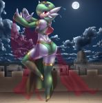  2019 belly belly_dancer breasts building butt city cityscape clothed clothing cloud dancing detailed_background egyptian female gardevoir hair hi_res humanoid jewelry looking_at_viewer moon mykiio night nintendo not_furry outside pok&eacute;mon pok&eacute;mon_(species) red_eyes sky smile solo star video_games 