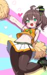  1girl :d adapted_costume ahoge arm_behind_back arm_up blush breasts brown_hair brown_pantyhose cat_hair_ornament cheerleader cowboy_shot green_eyes green_ribbon hair_ornament heart heart_background highres hololive kani_bonara long_hair natsuiro_matsuri natsuiro_matsuri_(1st_costume) navel neck_ribbon pantyhose pleated_skirt pom_pom_(cheerleading) ribbon side_ponytail skirt small_breasts smile solo standing standing_on_one_leg stomach two-tone_skirt virtual_youtuber 