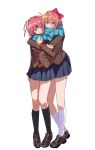  2girls b4_(yonten) black_socks blazer blue_scarf blue_skirt blush bow brown_footwear brown_jacket doki_doki_literature_club full_body hair_bow hair_ornament hair_ribbon hairclip hand_up heads_together highres hug hug_from_behind jacket looking_at_another multiple_girls natsuki_(doki_doki_literature_club) open_mouth orange_sweater pink_eyes pink_hair pleated_skirt red_bow red_ribbon ribbon sayori_(doki_doki_literature_club) scarf school_uniform short_hair skirt socks standing sweater v-shaped_eyebrows white_background white_socks 