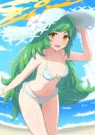  1girl :d bare_arms beach big_hair bikini blue_sky breasts cloud cowboy_shot day flipped_hair flower frilled_bikini frills gabriel_(monster_strike) green_hair halo hand_on_headwear hand_up hat hat_flower highres leaning_forward light_blush lily_(flower) long_hair looking_at_viewer monster_strike multi-strapped_bikini_bottom n2_(nitrogumi) navel ocean open_mouth outdoors sky small_breasts smile solo standing string_bikini sun_hat swept_bangs swimsuit thigh_gap very_long_hair white_bikini white_flower white_headwear wristband yellow_eyes yellow_halo 