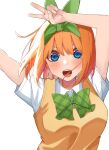  1girl :d airo arm_up blue_eyes bow bowtie eyebrows_hidden_by_hair go-toubun_no_hanayome green_bow green_bowtie green_hairband hair_bow hairband highres looking_at_viewer medium_hair nakano_yotsuba orange_hair plaid plaid_bow plaid_bowtie school_uniform shirt short_sleeves simple_background smile solo sweater_vest upper_body v white_background white_shirt wing_collar yellow_sweater_vest 
