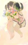  2girls absurdres bare_legs barefoot black_choker black_hair blue_flower bouquet choker closed_mouth daisy dress earrings final_fantasy final_fantasy_xiv flower green_eyes green_hair hair_over_one_eye half-closed_eyes headdress heart heart_earrings highres holding holding_bouquet hug jewelry koubayouniao lace-trimmed_dress lace_trim lalafell looking_at_viewer lying multicolored_hair multiple_girls on_side pink_dress pink_flower pink_rose profile purple_flower rose short_hair streaked_hair thigh_strap thighs toes two-tone_hair two_side_up warrior_of_light_(ff14) white_flower white_headdress yellow_background yellow_flower yuri 