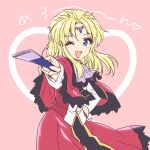  1girl aura_maha_khyber blonde_hair blue_eyes blush dress folded_fan folding_fan gundam gundam_seed_freedom hand_fan hand_on_own_hip heart highres holding holding_fan kuroi_mimei lolibaba long_hair looking_at_viewer one_eye_closed open_mouth red_dress smile 