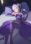 1girl bare_shoulders bed blue_archive blush breasts dress earrings elbow_gloves gloves hair_ribbon halo highres hina_(blue_archive) hina_(dress)_(blue_archive) horns jewelry looking_at_viewer lying medium_hair multiple_horns necklace nuda on_back pantyhose pillow purple_dress purple_eyes purple_gloves purple_pantyhose ribbon small_breasts swept_bangs thighs white_hair wings 