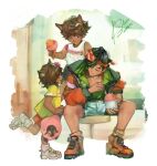  1girl 2boys absurdres arknights blue_hair blue_picmi brown_eyes brown_hair cat_boy cat_girl child food highres ice_cream male_focus multiple_boys playing running shoes sitting tan 