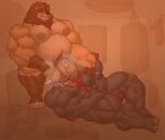 abs anthro balls big_pecs bodily_fluids body_hair bovid bovine cattle chest_hair duo felid gabgbb genitals gym hi_res huge_pecs lion male male/male mammal muscular muscular_anthro muscular_male pantherine pecs steam sweat sweatdrop sweaty_balls sweaty_genitalia thick_thighs