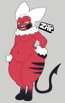 absurd_res anthro arm_tuft black_body black_fur cheek_spots cross-popping_vein demon digitigrade english_text evilcrispicular featureless_crotch fur grey_background half-closed_eyes hi_res horn imp male narrowed_eyes neck_tuft no_pupils open_mouth open_smile red_body red_fur sharp_teeth simple_background slightly_chubby slightly_chubby_anthro slightly_chubby_male smile solo spade_tail tail teeth text tuft white_body white_fur wrist_tuft zap_(evilcrispicular)