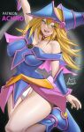  1girl achromaru arm_up artist_name bare_shoulders blonde_hair blush breasts cleavage collarbone covered_nipples dark_magician_girl duel_monster green_eyes hat highres huge_breasts long_hair panties signature solo underwear white_panties witch_hat yu-gi-oh! 