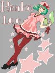  1girl :d ai-kun beret black_footwear brown_eyes character_name dress green_hair hat high_heels jewelry looking_at_viewer macross macross_frontier necklace open_mouth pantyhose pink_dress ranka_lee short_hair smile tegaki warai 