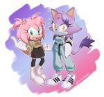  2girls amy_rose animal_ears black_skirt blaze_the_cat cat_ears cat_girl cat_tail flowerqliphoth forehead_jewel furry furry_female gloves green_eyes hair_down hedgehog_girl highres holding_hands multiple_girls open_mouth pink_fur purple_fur skirt sonic_(series) tail white_footwear white_gloves yellow_eyes 