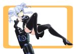  1girl ass black_gloves black_legwear black_sister breasts drill_hair elbow_gloves eyebrows_visible_through_hair gloves green_eyes grey_hair highres holding holding_weapon long_hair looking_at_viewer moya_44444 neptune_(series) small_breasts smile solo thighhighs twin_drills weapon 