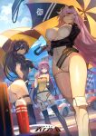  3girls bare_shoulders black_hair breasts car character_request choker copyright_name covered_navel day drink elaine_(iron_saga) eyepatch glasses gloves highres holding holding_drink holding_umbrella iron_saga leotard logo long_hair motor_vehicle multiple_girls official_art purple_eyes purple_hair race_queen red_eyes second-party_source serenity_(iron_saga) smile thighhighs umbrella 