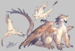  animal_focus beak bird_wings claws feathered_wings flying from_side full_body grey_background griffin monster multiple_views no_humans open_mouth original signature simple_background sitting spread_wings tail wings yamamura_le 