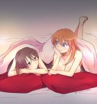  2girls bed blanket blue_eyes blush breasts brown_eyes brown_hair charlotte_e_yeager cleavage closed_mouth eyebrows_visible_through_hair gertrud_barkhorn large_breasts legs_up long_hair looking_at_another multiple_girls on_bed pillow shiny shiny_hair shiny_skin smile strike_witches user_kxyz2228 world_witches_series yuri 