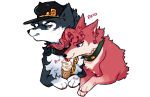  2018 alternate_species canid canine cherry clothing collar dessert duo ear_piercing ear_ring eating feral feralized food fruit fur furrification grey_fur hat headgear headwear ice_cream jojo&#039;s_bizarre_adventure jotaro_kujo licking magicalkoko mammal noriaki_kakyoin piercing pink_fur plant simple_background tongue tongue_out white_background white_fur 