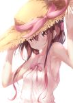  1girl :3 absurdres alternate_costume armpits bangs bare_shoulders blush breasts brown_eyes brown_hair closed_mouth collarbone commentary_request folded_ponytail hair_between_eyes hat hat_ribbon highres holding holding_hat inazuma_(kantai_collection) kantai_collection long_hair looking_at_viewer numpopo pink_ribbon ribbon simple_background sleeveless small_breasts smile solo standing straw_hat upper_body white_background 