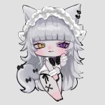  1girl animal_ear_piercing animal_ears barefoot black_bow black_bowtie black_panties blunt_bangs bone_tattoo bow bowtie cat_ears cat_girl cat_tail chibi chibi_only closed_mouth cropped_shirt frilled_cuffs full_body grey_background grey_hair hand_on_own_cheek hand_on_own_face hand_up heterochromia highres leg_tattoo long_hair looking_at_viewer maid_headdress mole mole_under_eye original panties purple_eyes shiona_(siona0625) shirt side-tie_panties simple_background slit_pupils solo standing tail tail_bow tail_ornament tattoo underwear very_long_hair white_shirt wrist_cuffs yellow_eyes 