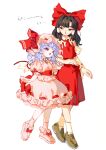  2girls :&gt; absurdres ascot bat_wings black_hair blue_hair bow brooch brown_eyes brown_footwear bubble_skirt collared_shirt colored_eyelashes detached_sleeves embodiment_of_scarlet_devil fingernails footwear_bow full_body hair_tubes hakurei_reimu half-closed_eyes hand_on_another&#039;s_arm hand_up hat height_difference highres japanese_clothes jewelry long_hair long_sleeves looking_at_another looking_down looking_to_the_side mob_cap multiple_girls nail_polish ndasuzu_(n64qd11) open_mouth pink_footwear pink_shirt pink_skirt pink_socks puffy_short_sleeves puffy_sleeves red_ascot red_bow red_eyes red_nails red_skirt red_vest remilia_scarlet ribbon-trimmed_skirt ribbon-trimmed_sleeves ribbon_trim sash sharp_fingernails shirt shoes short_sleeves side-by-side sidelocks sideways_glance simple_background skirt skirt_set socks touhou vest walking white_background white_socks wide_sleeves wings wrist_cuffs 