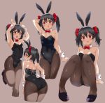  1girl animal_ears ass black_hair black_legwear black_leotard bow bowtie bunny_ears bunny_tail bunnysuit cowboy_shot detached_collar full_body hair_bow highres kurokawa_makoto leotard long_hair looking_at_viewer love_live! love_live!_school_idol_project multiple_views open_mouth pantyhose red_bow red_eyes red_neckwear sitting strapless strapless_leotard tail twintails wrist_cuffs yazawa_nico 