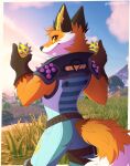 absurd_res anthro balls belt canid canine clothing epic_games fennix_(fortnite) fortnite fox fur genitals gloves green_clothing handwear hi_res leo-wolf looking_at_viewer male mammal orange_body orange_fur smile solo spiked_balls spikes spikes_(anatomy) suit white_body white_fur yellow_eyes