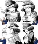  1boy 1girl closed_mouth cross crossed_arms english_commentary fur_trim girls&#039;_frontline hat highres iron_cross kar98k_(girls&#039;_frontline) long_hair manfred_von_karma military_hat monochrome multiple_boys open_mouth peaked_cap pose_imitation reference_inset senpaihawkkun serious simple_background smile smug sweat upper_body white_background 