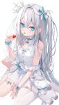  1girl 333shishishi333 absurdres blue_eyes bow commission crown dress food fruit grey_hair hair_bow highres holding holding_food holding_fruit indie_virtual_youtuber long_hair looking_at_viewer mini_crown open_mouth petr_petrichor single_barefoot single_thighhigh sitting skeb_commission solo strawberry stuffed_horse thigh_strap thighhighs two_side_up wariza white_dress white_thighhighs 