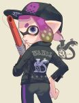  1boy baseball_cap black_headwear black_jacket black_leggings commentary_request from_behind gun hand_on_own_hip hat highres holding holding_gun holding_weapon inkling inkling_boy jacket leggings looking_back male_focus n-zap_(splatoon) nastar_r0 parted_lips pointy_ears print_headwear print_jacket purple_hair short_hair simple_background solo splatoon_(series) splatoon_3 tentacle_hair thick_eyebrows weapon white_background 