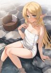  1girl absurdres bare_arms bare_shoulders blonde_hair blue_eyes breasts commentary_request enjo_kouhai feet_out_of_frame hair_between_eyes hand_up highres iris_(takunomi) knees_together_feet_apart legs long_hair naked_towel onsen pointy_ears sitting small_breasts smile soaking_feet solo takunomi towel water wet 