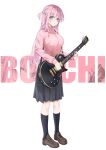  1girl absurdres black_skirt black_socks blush bocchi_the_rock! breasts character_name cube_hair_ornament electric_guitar full_body gibson_les_paul gotoh_hitori guitar hair_ornament highres holding holding_instrument instrument jacket kneehighs large_breasts looking_at_viewer one_side_up pink_hair pink_jacket pleated_skirt school_uniform simple_background skirt socks solo track_jacket yoru0409 zoom_layer 