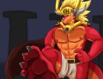 2023 4_toes abs anthro armor barefoot belt belt_buckle black_belt blonde_hair bottomwear bushiroad claws clothed clothing dragon drum_bunker_dragon feet finger_claws foot_focus future_card_buddyfight gold_(metal) gold_helmet grey_background grey_claws hair headgear helmet hi_res horn humanoid_feet loincloth looking_down male mouth_closed nipples orange_body orange_scales pecs plantigrade randytheartdog red_nipples scales sharp_teeth simple_background soles solo standing tail teeth toe_claws toes topless topless_anthro topless_male white_bottomwear white_clothing white_horn white_loincloth yellow_eyes