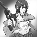  1girl blazer coppelion cross gun handgun jacket long_hair looking_afar luger_p08 m_o_(prftz) miniskirt monochrome naruse_ibara necktie plaid plaid_skirt pleated_skirt school_uniform shirt skirt solo stern striped striped_neckwear upper_body weapon white_shirt 