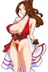  1girl 47_hard arm_guards bare_shoulders breasts brown_eyes brown_hair cameltoe cleavage fatal_fury folding_fan hand_fan high_ponytail highres holding holding_fan huge_breasts japanese_clothes long_hair looking_at_viewer ninja obi pelvic_curtain ponytail revealing_clothes sash shiranui_mai simple_background smile solo solo_focus standing the_king_of_fighters thighs upper_body white_background 