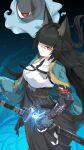  absurdres animal_ears black_hair closed_mouth glowing glowing_eyes highres holding holding_weapon hoshimi_miyabi katana long_hair necktie red_eyes skirt sword weapon yan_(unicorn404) zenless_zone_zero 