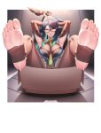  1girl absurdres anger_vein angry aqua_eyes armpits barefoot black_hair blurry blush box breasts cardboard_box colored_inner_hair depth_of_field earrings feet feet_up foot_focus foreshortening genshin_impact glasses hair_ornament highres in_box in_container jewelry large_breasts legs long_hair looking_at_viewer mimuxiao multicolored_hair no_shoes open_mouth perspective presenting_foot red-framed_eyewear semi-rimless_eyewear soles solo stirrup_legwear tassel tassel_earrings toeless_legwear toes two-tone_hair very_long_hair xianyun_(genshin_impact) 