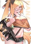  1girl adjusting_clothes assault_rifle black_shorts blonde_hair blush breasts bullpup character_name cowboy_shot dolphin_shorts glasses gun hair_ribbon highres medium_breasts midriff nana_(xerbatt) navel neptune_zx one_eye_closed original pointing pointing_at_viewer ribbon rifle see-through see-through_shirt shorts side_ponytail smile solo steyr_aug weapon white_background 