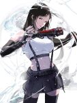  1girl bare_shoulders black_gloves black_hair black_skirt black_sports_bra black_thighhighs bracelet breasts clenched_hand closed_mouth cofffee cowboy_shot crop_top earrings elbow_pads final_fantasy final_fantasy_vii final_fantasy_vii_rebirth final_fantasy_vii_remake fingerless_gloves floating_hair gloves highres jewelry large_breasts light_particles lips long_hair looking_at_viewer low-tied_long_hair materia midriff navel own_hands_together pink_lips red_eyes single_arm_guard single_earring single_elbow_pad skirt solo sports_bra suspender_skirt suspenders swept_bangs tank_top thighhighs tifa_lockhart white_tank_top zettai_ryouiki 