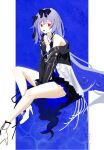  1girl bare_shoulders black_bow black_jacket blue_background boots bow dress fu_hua fu_hua_(herrscher_of_sentience) fu_hua_(turn_up_the_music!)_(herrscher_of_sentience) grey_hair hair_between_eyes hair_bow hair_ornament high_heel_boots high_heels highres honkai_(series) honkai_impact_3rd jacket long_hair looking_at_viewer multicolored_hair official_alternate_costume open_clothes open_jacket open_mouth red_eyes sho_2nini single_off_shoulder solo streaked_hair thighs white_dress white_footwear white_hair yellow_pupils 