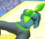  2018 absurd_res animate_inanimate anthro battle_for_dream_island big_breasts breasts clothing digital_media_(artwork) female gabriellobodx green_skin hi_res leaf leafy leafy_(bfdi) lying not_furry smile solo thick_tights 