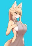  1girl alternate_breast_size animal_ear_fluff animal_ears animal_nose blonde_hair blush body_fur breasts closed_mouth fox_ears fox_girl fox_tail furry furry_female grey_sweater hands_on_own_breasts highres jeifier_(korfiorano01) large_breasts long_hair meme_attire original sidelocks simple_background sleeveless sleeveless_sweater snout solo sweater tail two-tone_fur virgin_killer_sweater white_fur yellow_eyes yellow_fur 