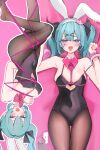  1girl absurdres animal_ears aqua_eyes aqua_hair bare_shoulders bdsm black_ribbon blue_eyes blue_hair blush bondage bound bow bowtie crypton_future_media hair_ornament hatsune_miku highres long_hair looking_at_viewer niku_(hamuchang) open_mouth piapro pink_background pink_bow pink_bowtie rabbit_ears ribbon simple_background sleeveless smile solo thighhighs tight_clothes twintails very_long_hair vocaloid 