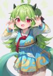  1girl absurdres ahoge blue_skirt blue_vest breasts claw_pose commission cowboy_shot dragon_girl dragon_horns dragon_tail fangs frilled_skirt frills garam_(ryeoubi) green_hair green_horns green_skirt green_tail grey_background gunjou_row hair_between_eyes hair_bun hair_ribbon hanbok hands_up highres horns jacket korean_clothes light_blush lightning_bolt_symbol long_hair long_sleeves looking_at_viewer medium_breasts multicolored_clothes open_mouth original red_eyes red_ribbon ribbon second-party_source single_hair_bun skeb_commission skirt slit_pupils small_horns smile solo tail vest white_jacket 