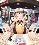  2girls abigail_williams_(fate) absurdres animal_ears aqua_eyes baseball_cap black_shirt blonde_hair blush breasts cash_register cashier cat circlet closed_eyes collared_shirt dark-skinned_female dark_skin dress_shirt employee_uniform fast_food_uniform fate/grand_order fate_(series) fisheye forehead forehead_jewel hat highres jackal_ears keyhole large_breasts long_hair long_sleeves menu multiple_girls open_mouth orange_vest parted_bangs purple_hair queen_of_sheba_(fate) shiro_ami shirt small_breasts smile sparkle stuffed_animal stuffed_toy teddy_bear uniform vest 