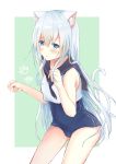  1girl absurdres animal_ear_fluff animal_ears bangs bare_arms bare_shoulders black_neckwear black_sailor_collar blue_eyes blue_swimsuit blush cat_ears cat_girl cat_tail commentary_request eyebrows_visible_through_hair green_background hair_between_eyes hibiki_(kantai_collection) highres kantai_collection kemonomimi_mode long_hair narushina neckerchief one-piece_swimsuit parted_lips sailor_collar school_swimsuit school_uniform serafuku shirt silver_hair sleeveless sleeveless_shirt solo swimsuit swimsuit_under_clothes tail tail_raised two-tone_background very_long_hair white_background white_shirt 